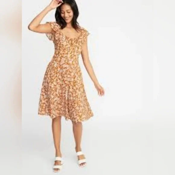 Old Navy Cami fit & Flare Ditsy Floral yellow Ruffle Fit & Flare dress M Spring - Picture 2 of 10